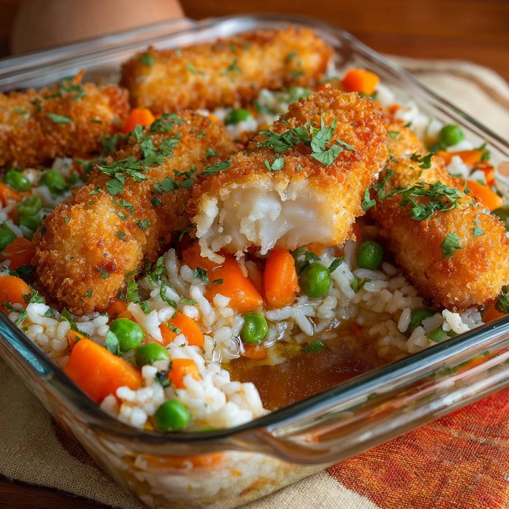 Knuspriger Fisch-Auflauf mit Reis, Karotten & Erbsen, ein Fischstäbchen ist angeschnitten und zeigt das Innere des Gerichts.