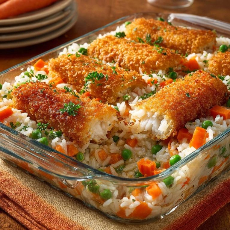 Knuspriger Fisch-Auflauf mit Reis, Karotten & Erbsen, angeschnitten und mit innenliegendem Fisch und Gemüse im Glasauflauf.