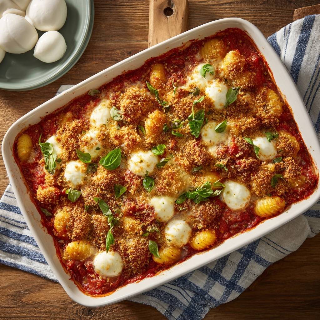 Knuspriger Gnocchi-Tomatenauflauf mit Mozzarella, frisch aus dem Ofen mit knuspriger Kruste und Basilikum garniert, von oben fotografiert.