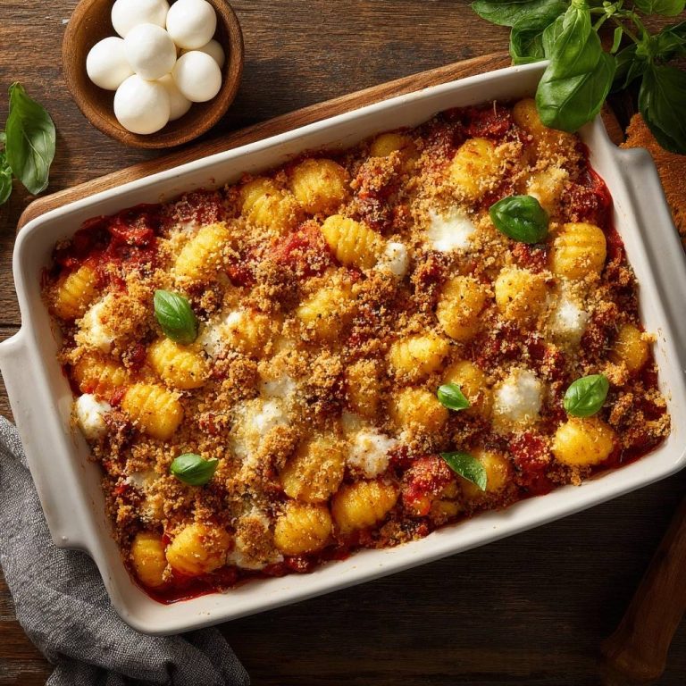 Knuspriger Gnocchi-Tomatenauflauf mit Mozzarella, von oben in einer Auflaufform mit frischem Basilikum und Käse serviert.