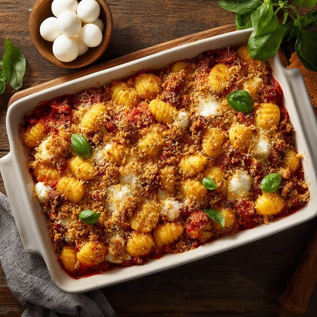 Knuspriger Gnocchi-Tomatenauflauf mit Mozzarella, von oben in einer Auflaufform mit frischem Basilikum und Käse serviert.