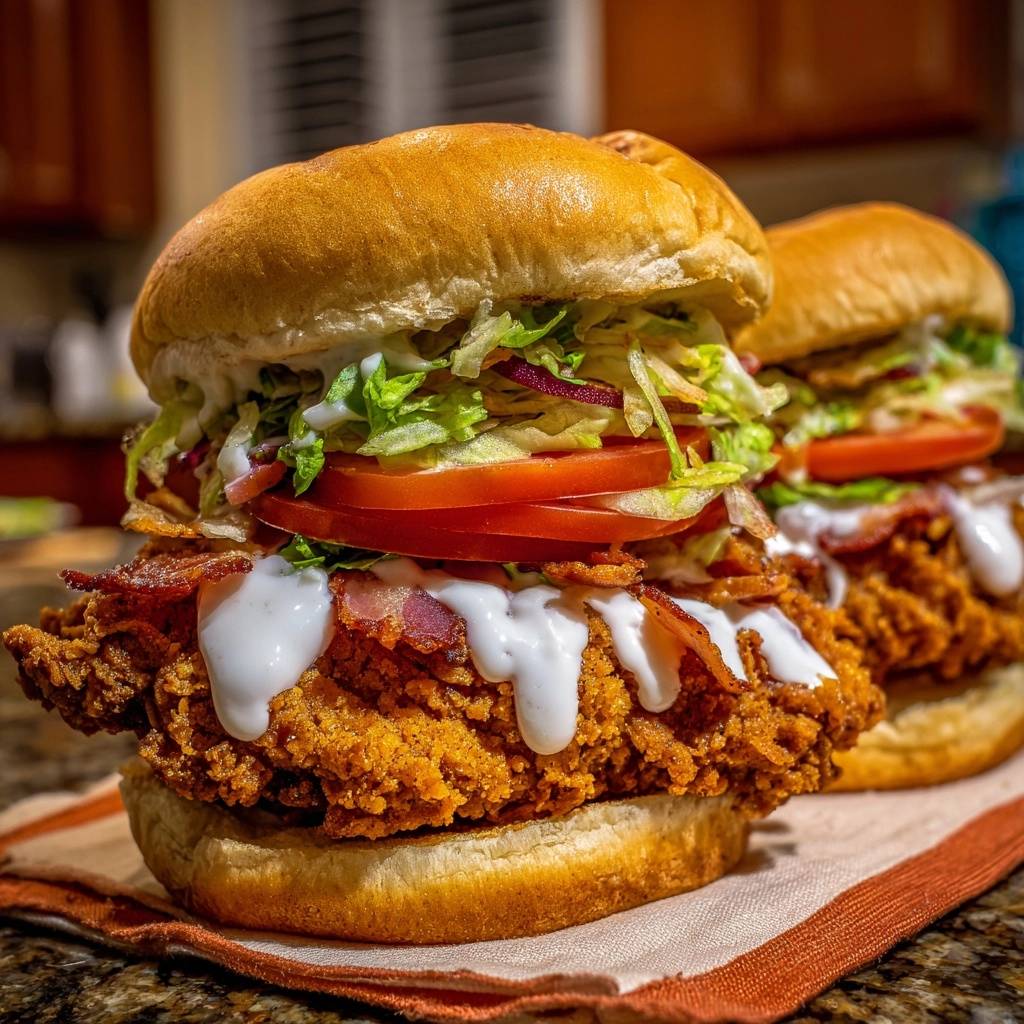 Knuspriger Hähnchen-Bacon-Burger mit saftigen Tomaten und Sauce, Nahaufnahme der Textur.