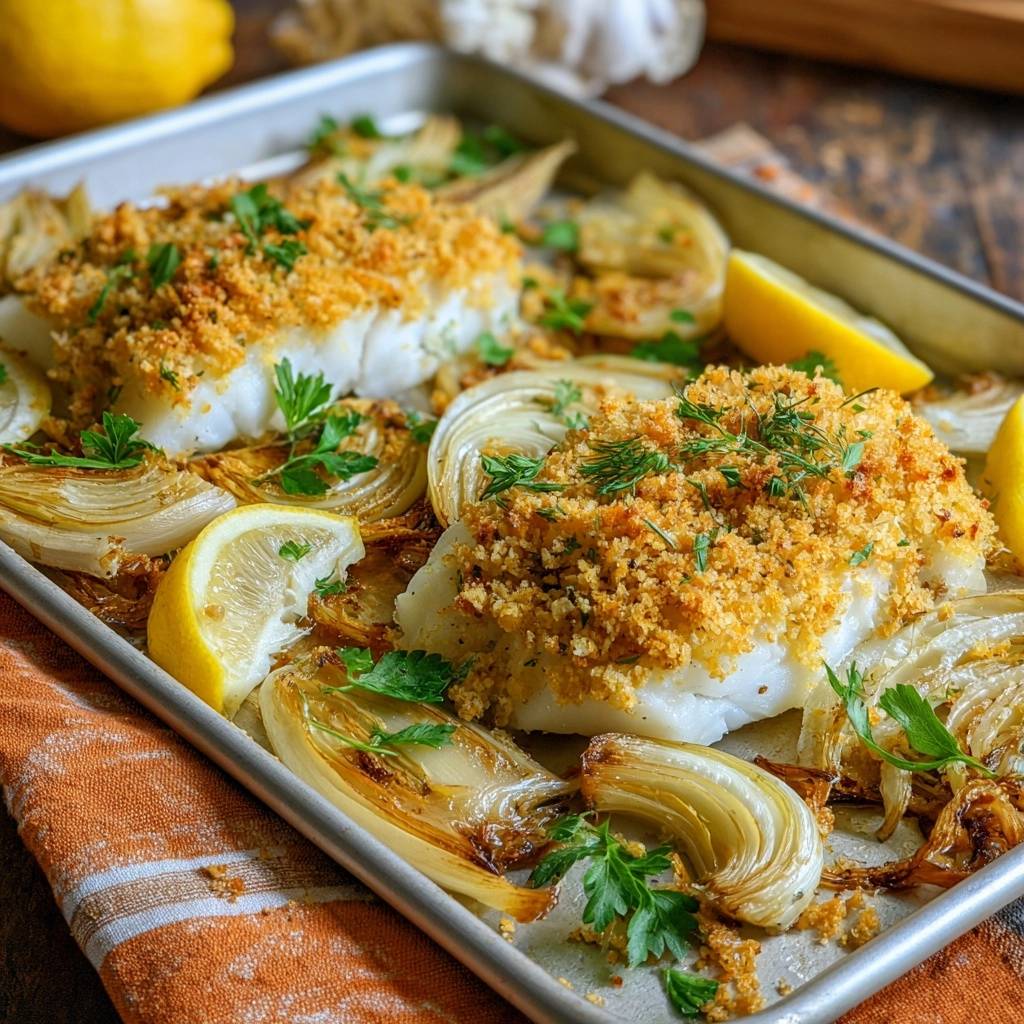 Knuspriger Ofen-Kabeljau mit Fenchel & Zitrone, frisch aus dem Ofen auf einem Backblech mit Petersilie garniert.