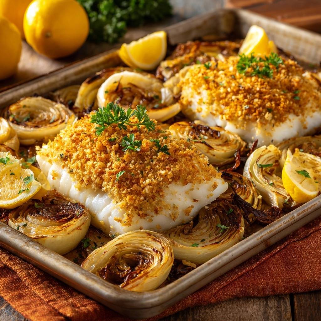 Knuspriger Ofen-Kabeljau mit Fenchel & Zitrone, eine Nahaufnahme des panierten Fischs mit geröstetem Fenchel und Zitrone auf einem Backblech.