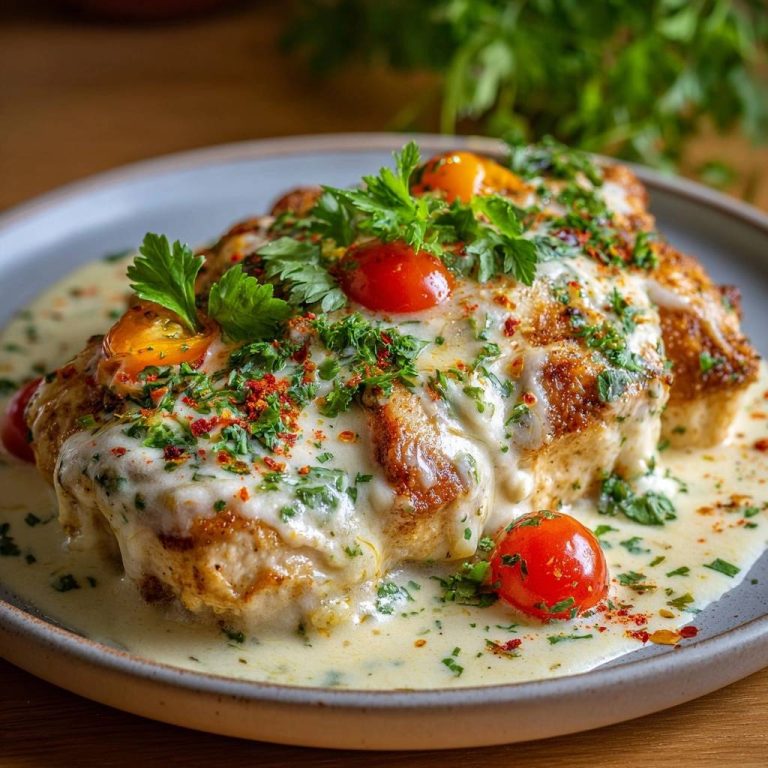 Knuspriges Hähnchen in cremiger Tomatensoße, reichlich mit frischer Petersilie, Kirschtomaten und Gewürzen garniert, auf einem Teller serviert.