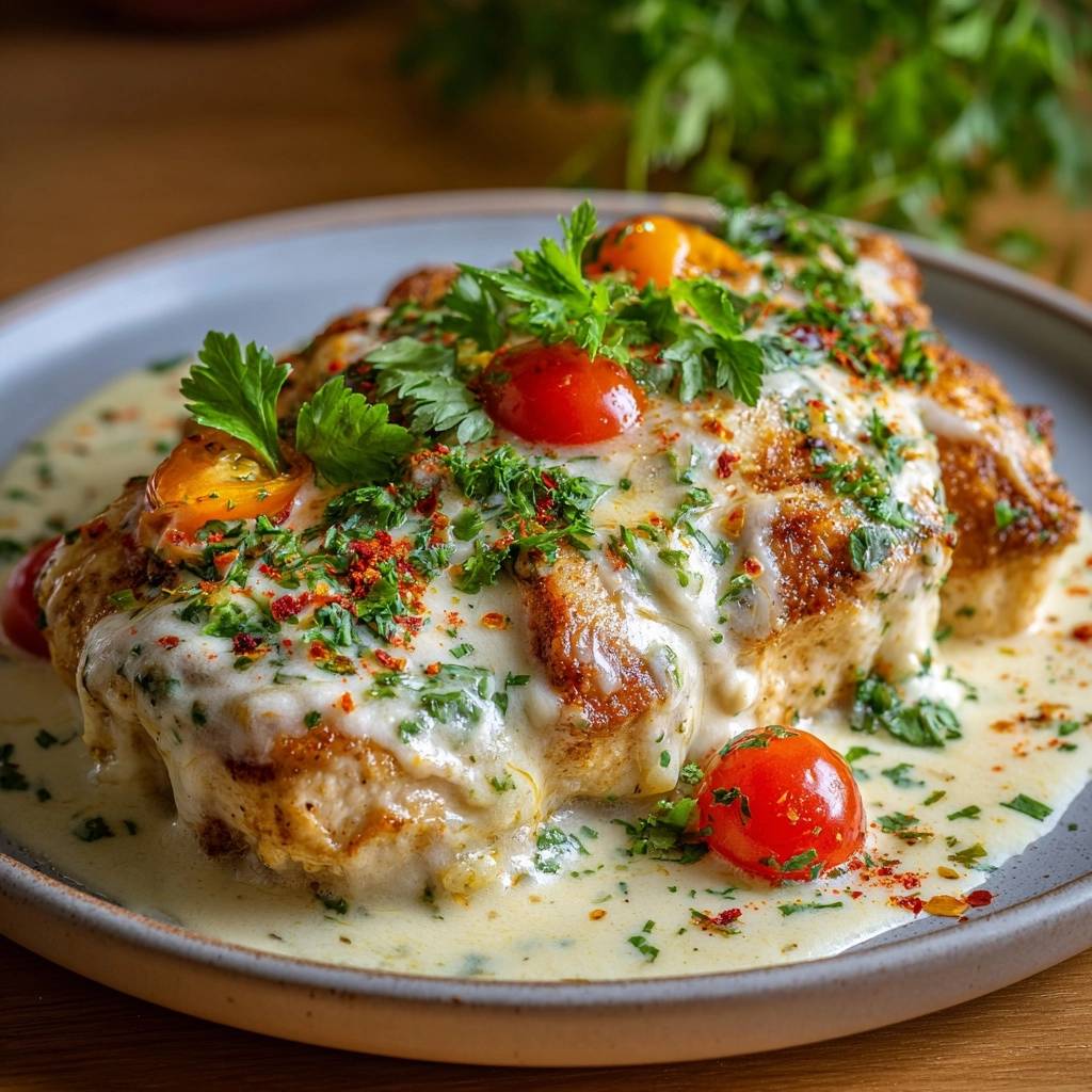 Knuspriges Hähnchen in cremiger Tomatensoße, reichlich mit frischer Petersilie, Kirschtomaten und Gewürzen garniert, auf einem Teller serviert.