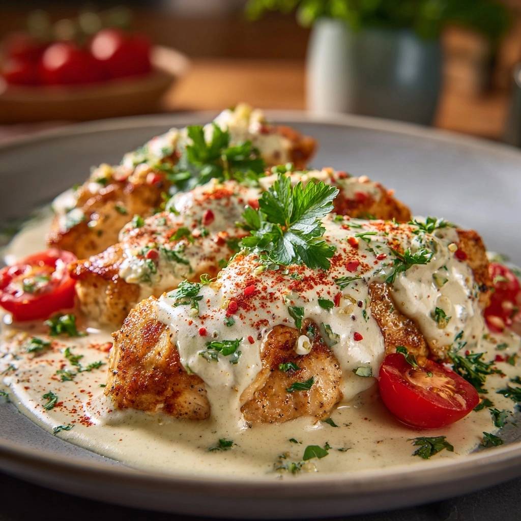 Knuspriges Hähnchen in cremiger Tomatensoße, serviert mit Kirschtomaten und reichlich frischer Petersilie garniert.