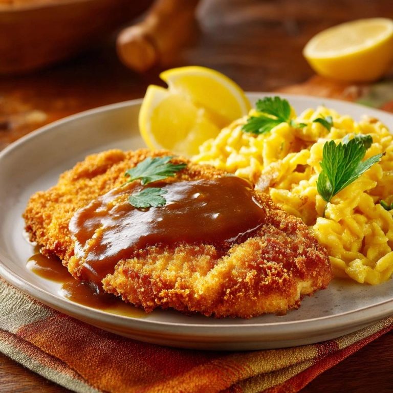 Knuspriges Hähnchenschnitzel mit Spätzle und Sahnesoße, serviert mit Zitrone und Petersilie auf einem Teller.