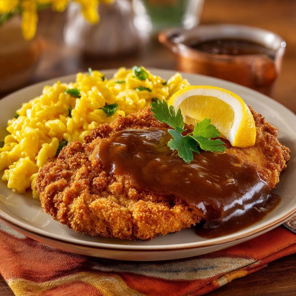 Knuspriges Hähnchenschnitzel mit Spätzle und Sahnesoße, garniert mit einer Zitronenspalte und Petersilie auf einem Teller.