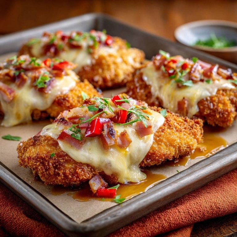 Knuspriges Panierhähnchen mit Putenbacon, Paprika & Käse, im Detail mit geschmolzenem Käse und knuspriger Panade.