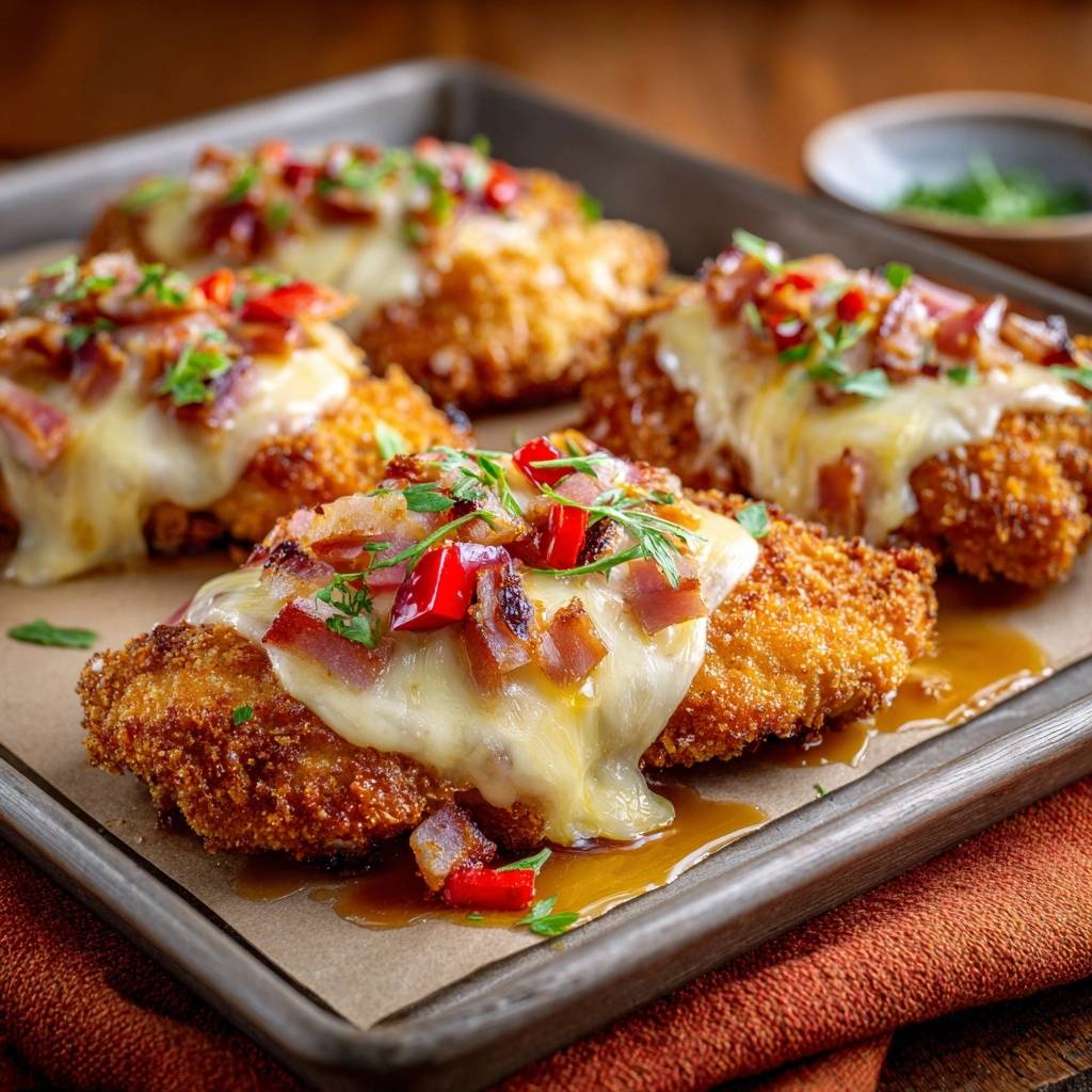 Knuspriges Panierhähnchen mit Putenbacon, Paprika & Käse, im Detail mit geschmolzenem Käse und knuspriger Panade.