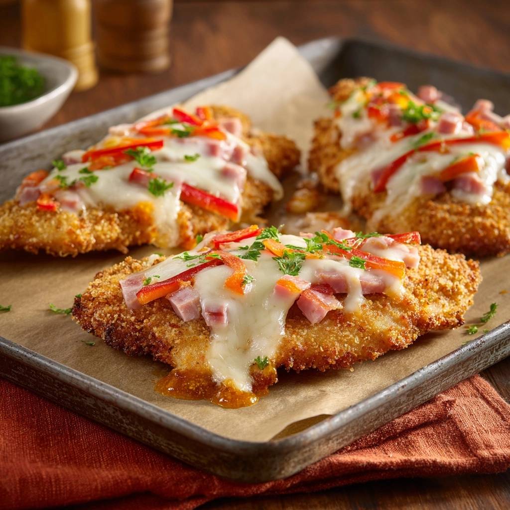 Knuspriges Panierhähnchen mit Putenbacon, Paprika und Käse, detailnah mit geschmolzenem Käse und Kräutern garniert.