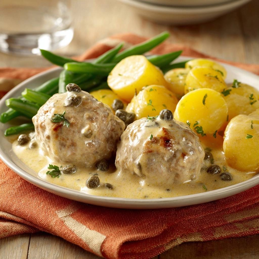 Klassische Königsberger Klopse in Kapernsauce serviert mit kleinen Kartoffeln und grünen Bohnen auf einem Teller.
