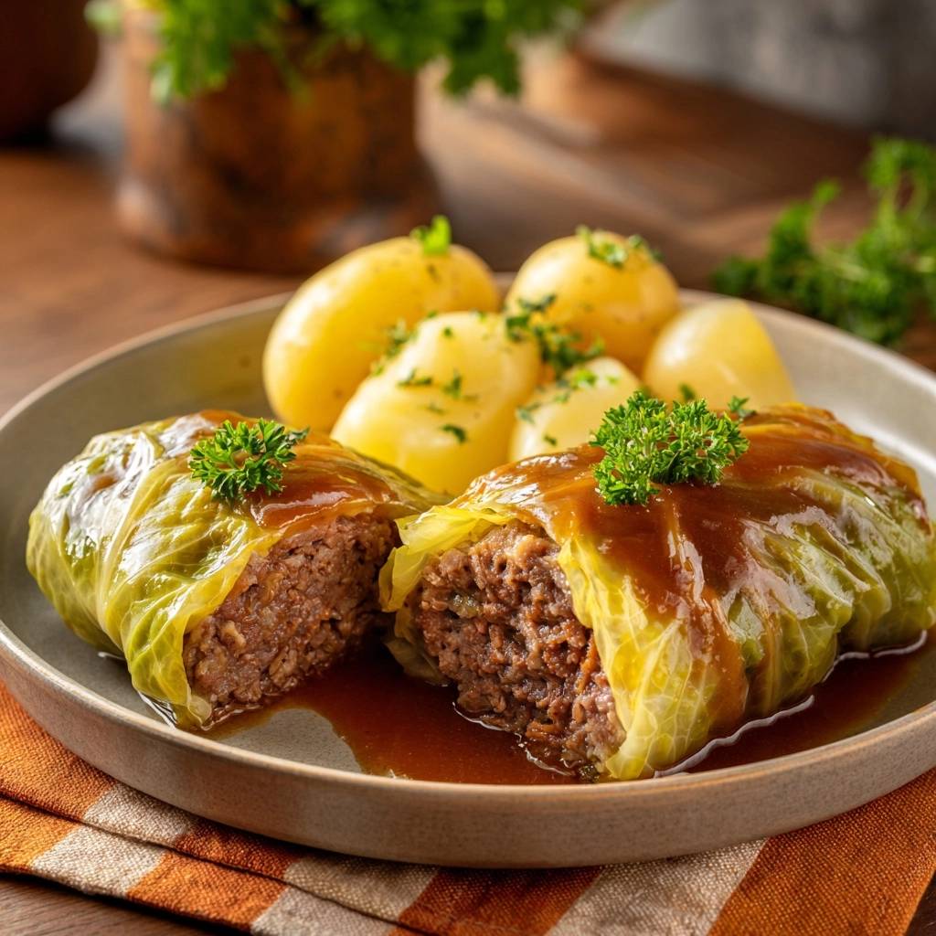 Saftige Kohlrouladen mit Sauce und Kartoffeln, angeschnitten und auf einem Teller mit Petersilie garniert