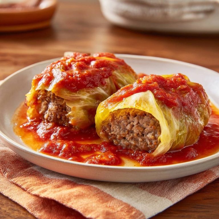 Saftige Kohlrouladen in Tomatensauce auf einem Teller serviert, Nahaufnahme der fleischgefüllten Kohlblätter.
