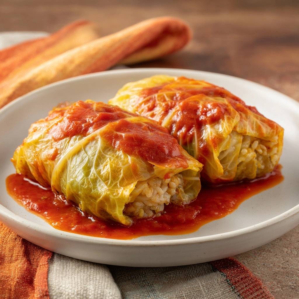 Saftige Kohlrouladen in Tomatensauce auf einem weißen Teller serviert, Nahaufnahme der gefüllten Kohlblätter mit Reisfüllung.