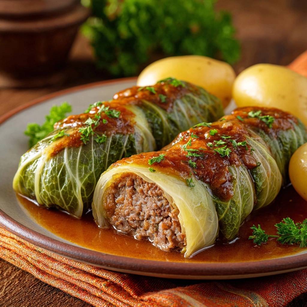Saftige Kohlrouladen mit Sauce und Kartoffeln, eine Kohlroulade ist angeschnitten und zeigt das Fleischfüllung im Detail.