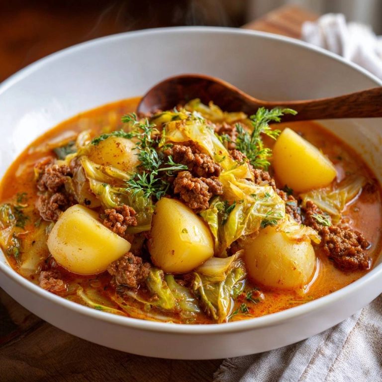 Cremige Kraut-Hack-Suppe mit Kartoffeln, nahaufnahme der dampfenden Textur und frischen Kräuter-Garnitur.