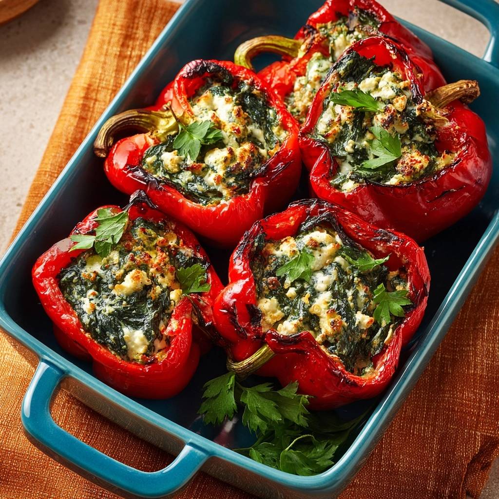 Mediterran gefüllte Paprika, nah aufgenommen im blauen Backblech mit frischer Petersilie garniert.