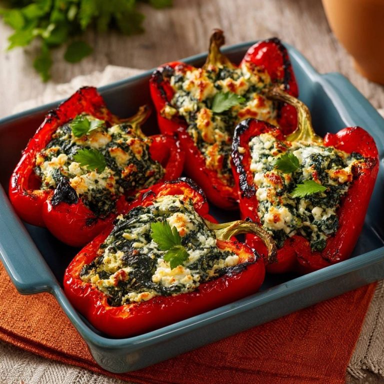 Mediterran gefüllte Paprika ohne Wässern, nah aufgenommen in einer blauen Auflaufform mit frischer Petersilie garniert.