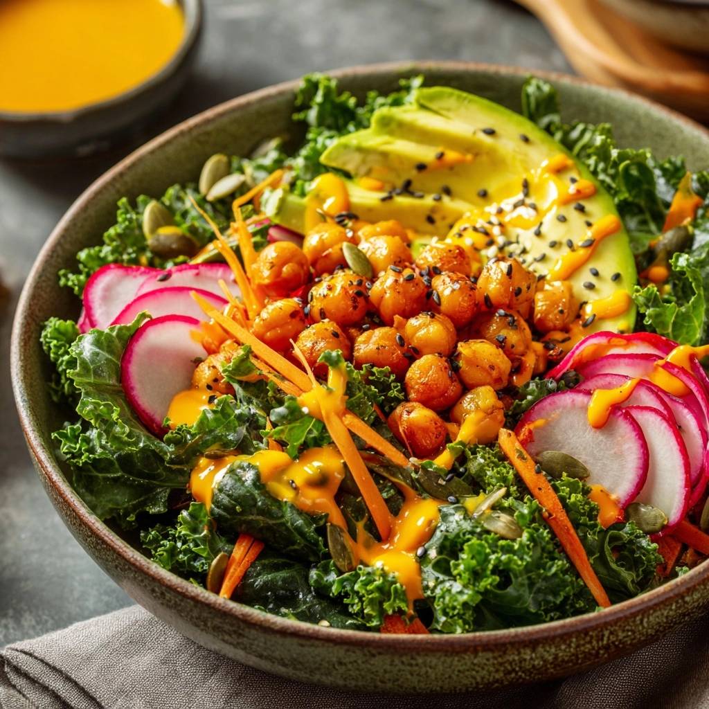 Mediterrane Grünkohl-Bowl mit Röst-Kichererbsen, Avocado und Radieschen in Nahaufnahme mit Dressing übergossen.