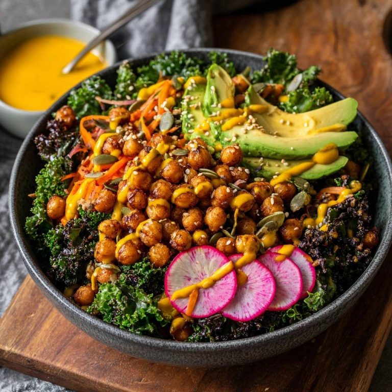 Mediterrane Grünkohl-Bowl mit Röst-Kichererbsen, garniert mit Radieschen und Avocado, in einer Schüssel auf einem Holzbrett.