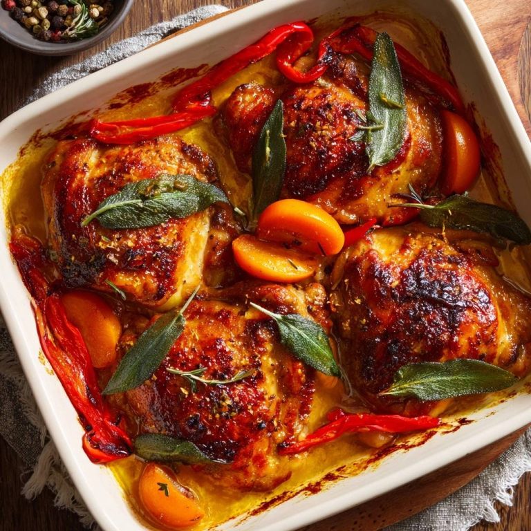 Mediterrane Hähnchenschenkel mit Salbei, nahaufnahme der knusprigen Haut und saftigen Aprikosen in einer Auflaufform.