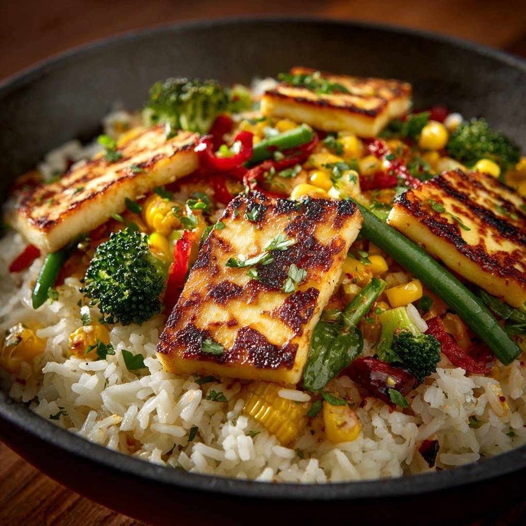 Mediterrane Halloumi-Bowl auf buntem Gemüsereis, Nahaufnahme mit gegrilltem Halloumi und buntem Gemüse auf Reis.