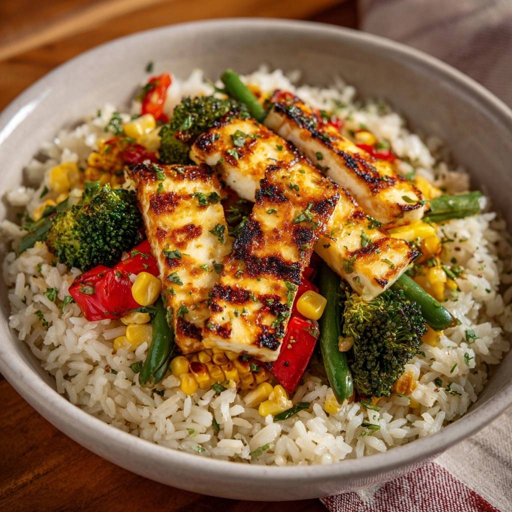 Mediterrane Halloumi-Bowl auf buntem Gemüsereis mit gegrilltem Halloumi und detailreicher Gemüsemischung