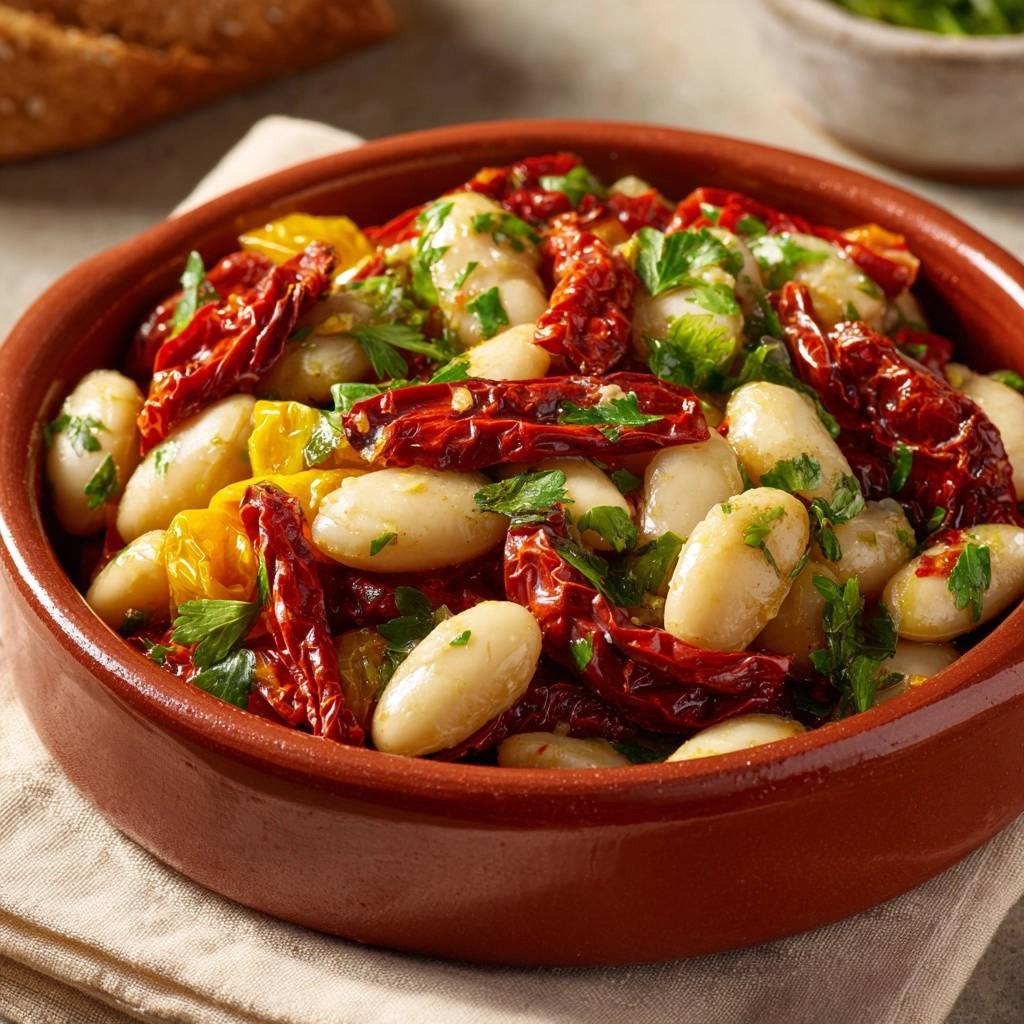 Mediterrane weiße Bohnen mit Paprika und getrockneten Tomaten, nahaufnahme in einer Tonschüssel auf einem Leinentuch.