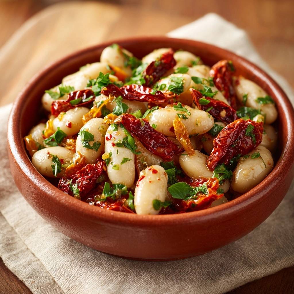 Mediterrane weiße Bohnen mit Paprika, garniert mit Kräutern und getrockneten Tomaten in einer Schüssel, Nahaufnahme.
