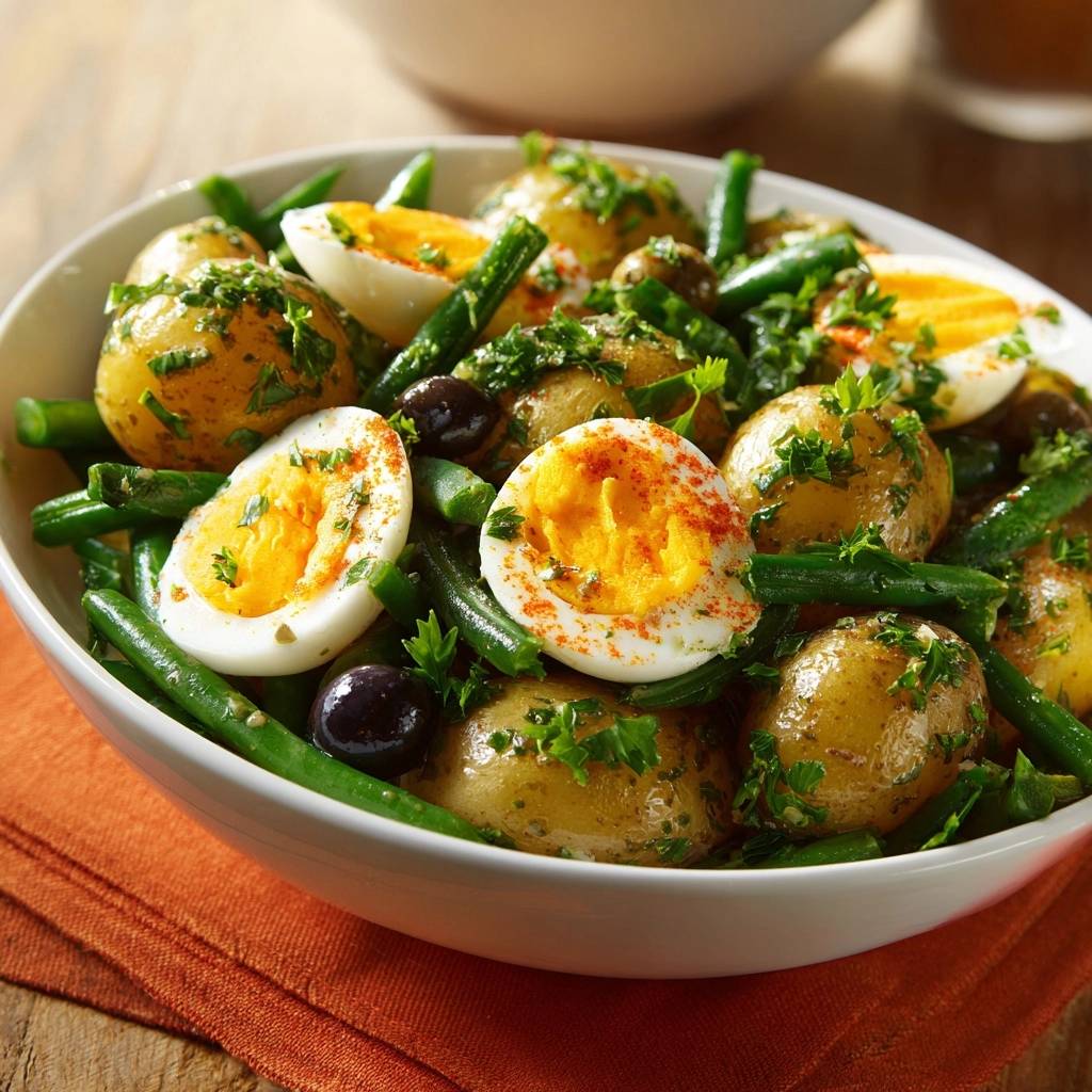 Mediterraner Kartoffel-Bohnen-Salat mit hartgekochten Eiern und Oliven, detailreiche Nahaufnahme mit Paprikapulver bestreut.