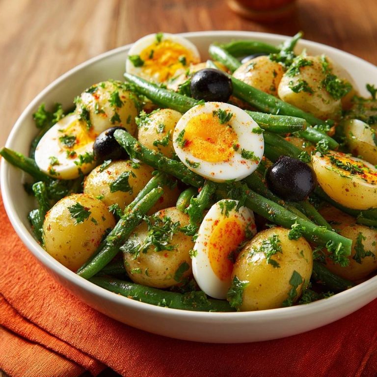 Mediterraner Kartoffel-Bohnen-Salat, eine Nahaufnahme mit gekochten Eiern, grünen Bohnen und viel frischer Petersilie.