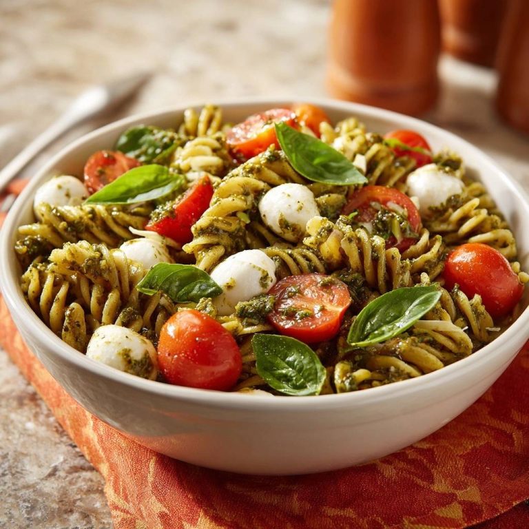 Mediterraner Pesto-Nudelsalat mit Mozzarella-Kügelchen, Kirschtomaten und Basilikumblättern in einer Schüssel, Nahaufnahme der Textur.