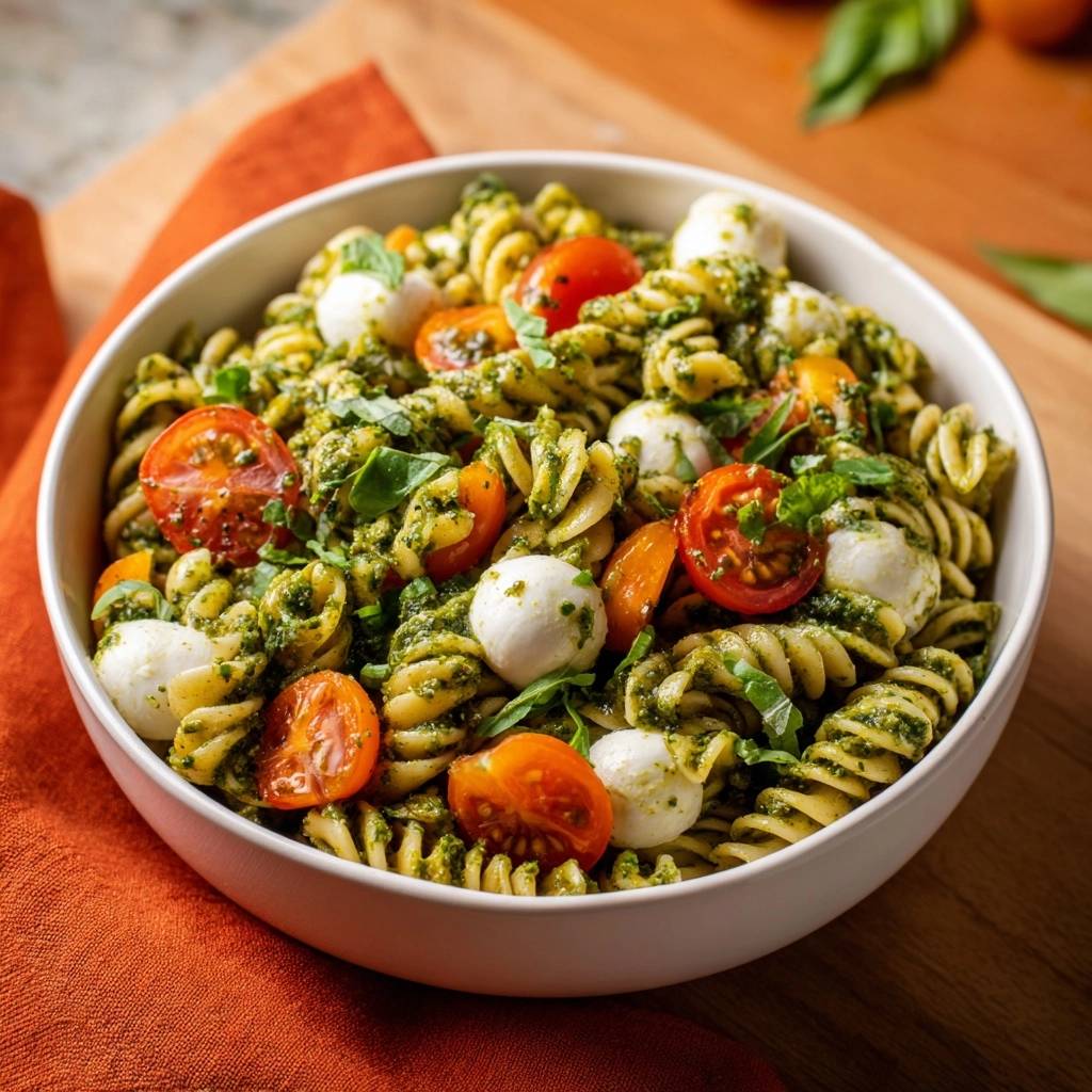 Mediterraner Pesto-Nudelsalat als Nahaufnahme in einer Schüssel mit Kirschtomaten und Mozzarella-Kügelchen.