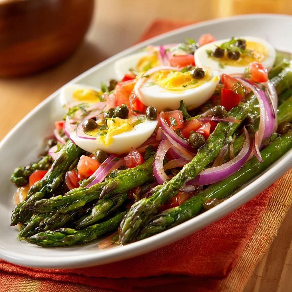Mediterraner Spargelsalat mit Ei, nahaufnahme der gekochten Eier, roten Zwiebeln, Tomaten und Kapern auf dem Spargel.