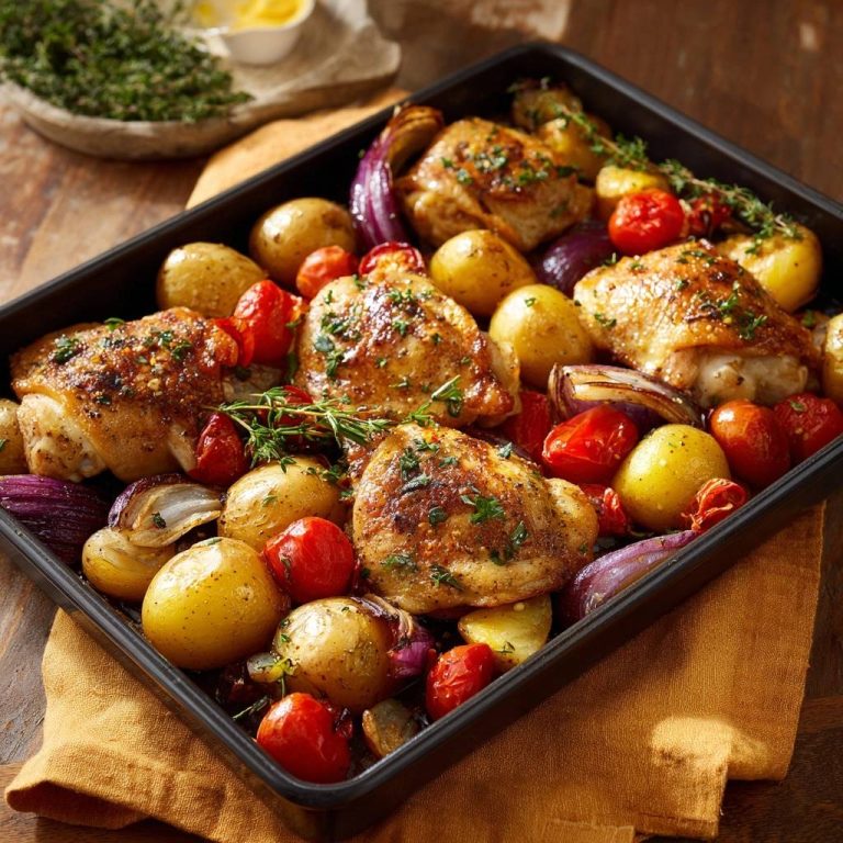 Mediterranes Blechhähnchen mit Röstkartoffeln, von oben in einer schwarzen Pfanne mit Rosmarin und roten Zwiebeln.