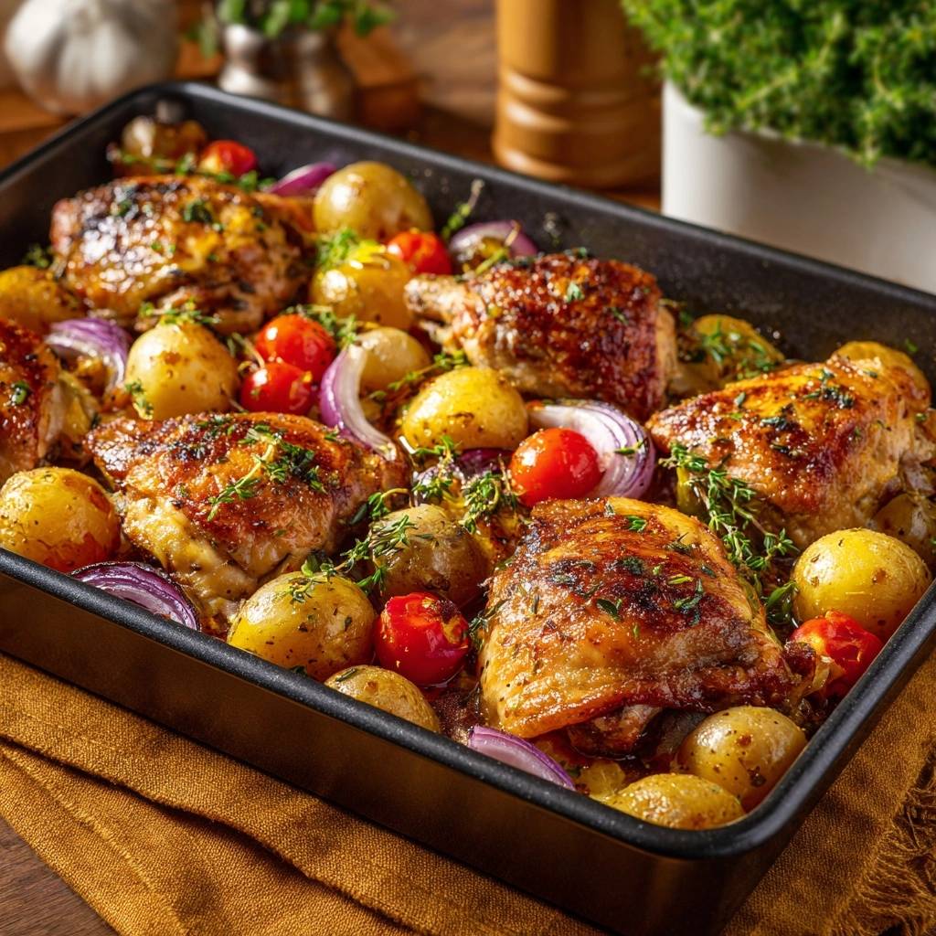 Mediterranes Blechhähnchen mit Röstkartoffeln, eine Nahaufnahme, die die goldbraunen Hähnchenteile und die Beilagen im Backblech zeigt.