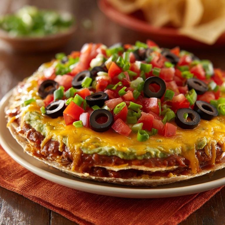 Mexikanische Schicht-Pizza garniert mit schwarzen Oliven, Tomatenstücken und Frühlingszwiebeln, mit geschmolzenem Käse.