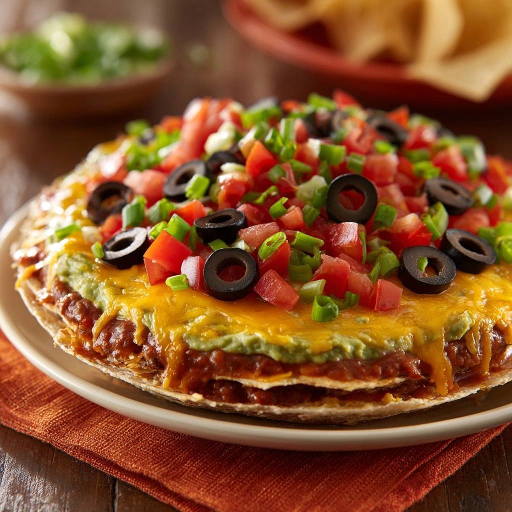 Mexikanische Schicht-Pizza garniert mit schwarzen Oliven, Tomatenstücken und Frühlingszwiebeln, mit geschmolzenem Käse.