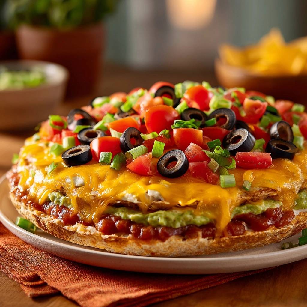 Mexikanische Schicht-Pizza mit Guacamole, Tomaten und Oliven, nahaufnahme der garnierten Oberfläche.
