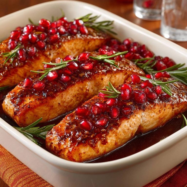 Glasierter Ofen-Lachs mit Granatapfel und Rosmarin, auf einem Teller mit Granatapfelkernen und Rosmarinzweigen garniert.