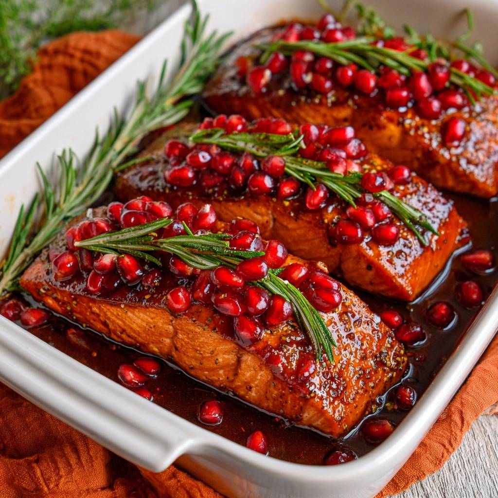 Glasierter Ofen-Lachs mit Granatapfel und Rosmarin, appetitlich garniert mit frischen Granatapfelkernen und Rosmarinzweigen.