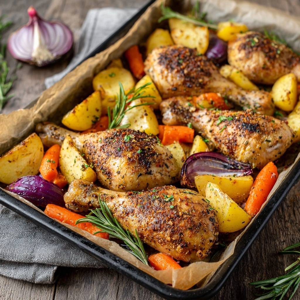 Mediterranes Ofenhähnchen mit Röstgemüse, knusprig gebraten mit Kartoffeln, Karotten und Zwiebeln auf einem Backblech
