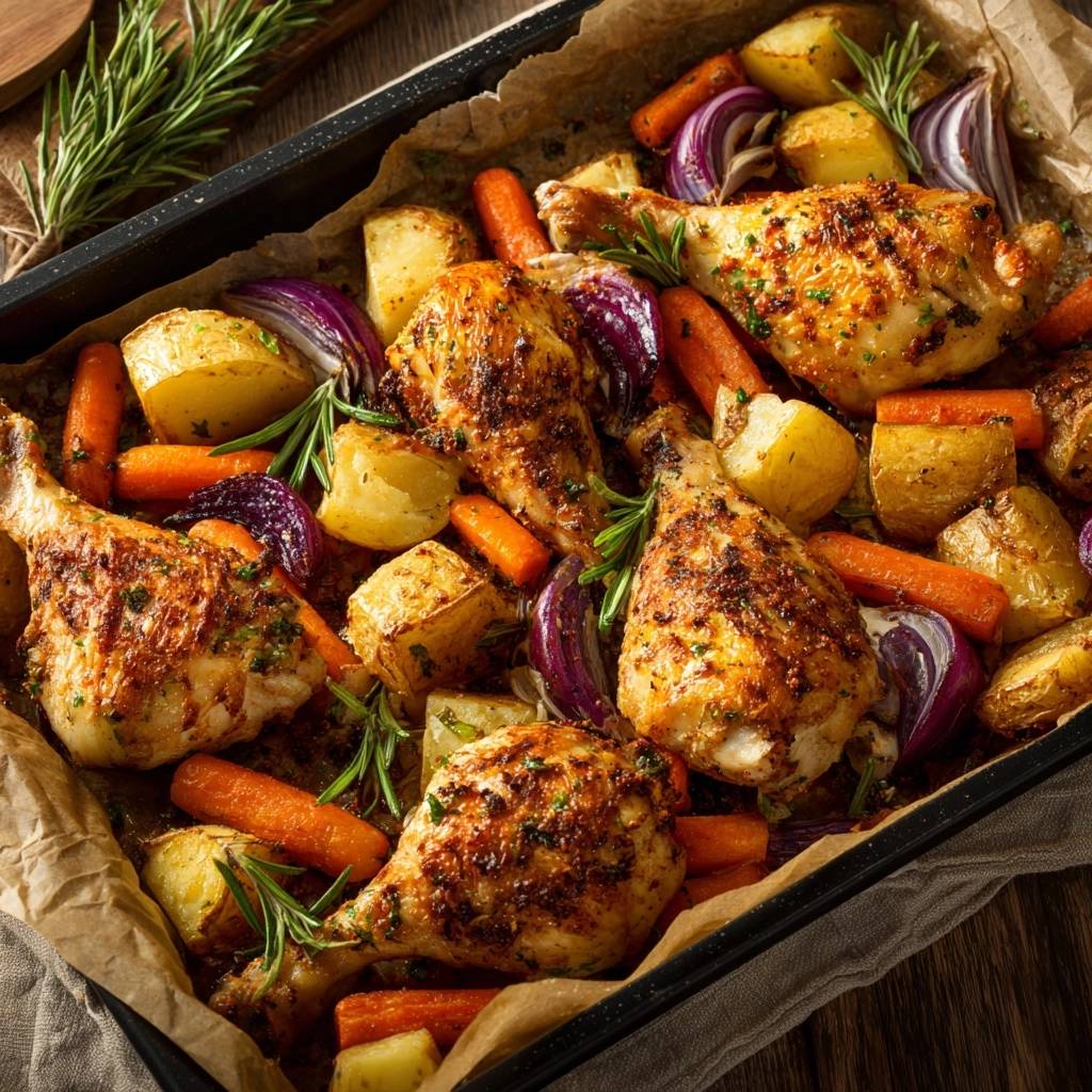 Mediterranes Ofenhähnchen mit Röstgemüse, eine Draufsicht auf das knusprig gebratene Hähnchen mit Kartoffeln, Karotten und Zwiebeln.