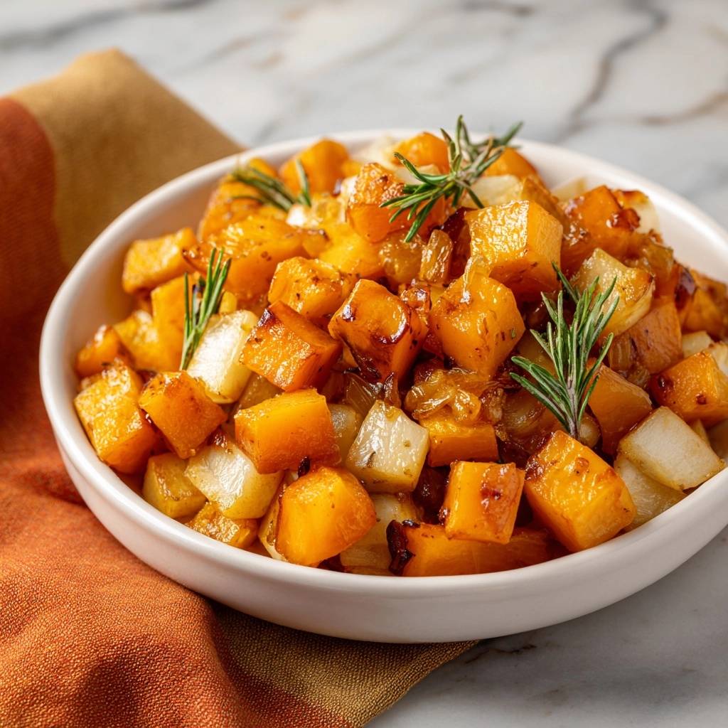 Knuspriger Ofenkürbis mit Kartoffeln und Rosmarin, eine Nahaufnahme der servierten Portion in einer weißen Schüssel mit frischen Kräutern.