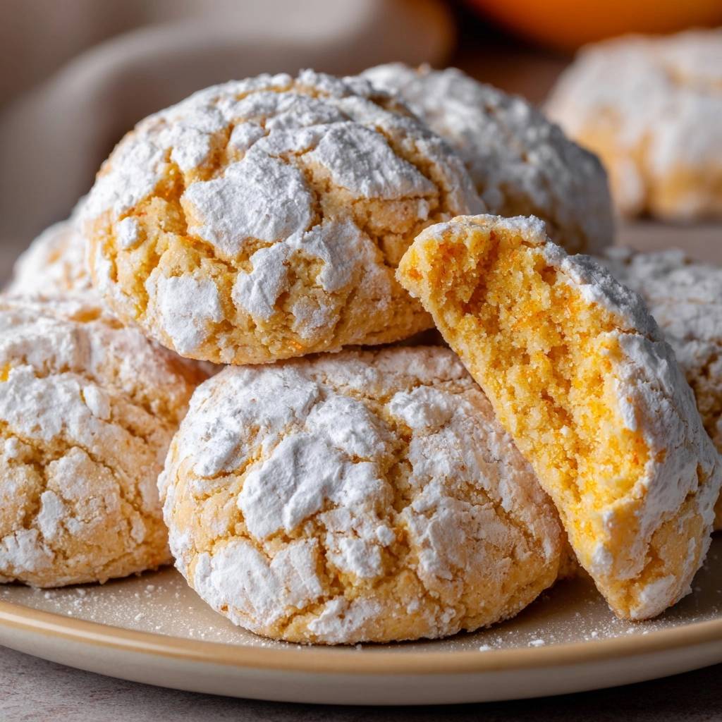 Orangen-Crinkle-Kekse, ein Keks angeschnitten mit Blick auf das weiche, orangefarbene Innere, das von Puderzucker bedeckt ist.