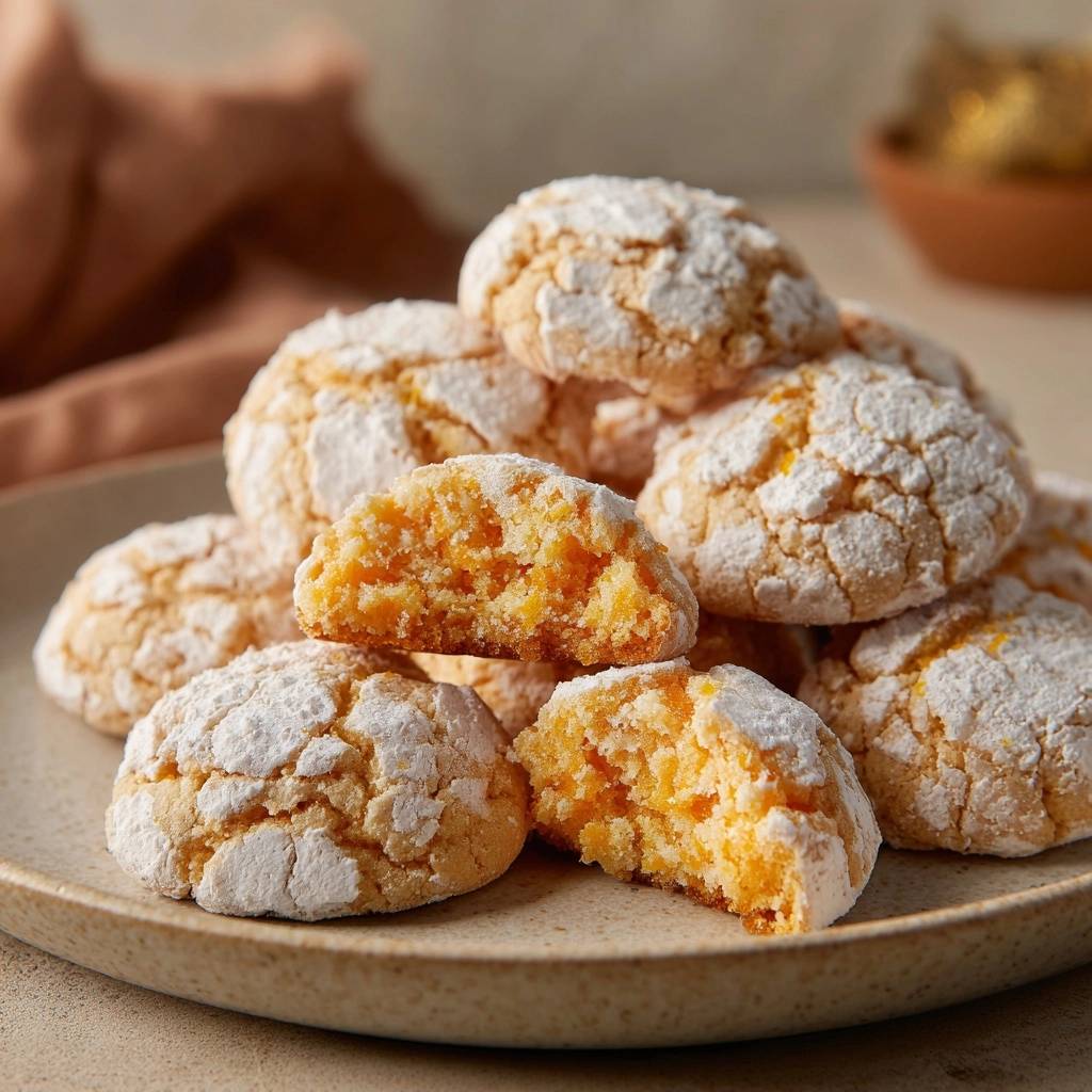 Orangen-Crinkle-Kekse angeschnitten, die Puderzuckerkruste und das saftige Innere zeigen.