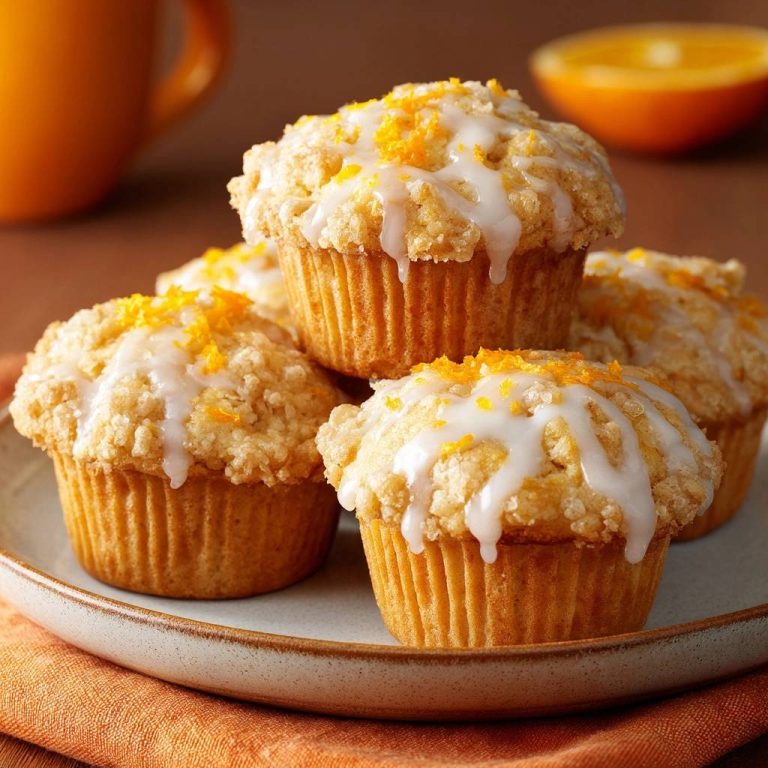 Orangen-Streusel-Muffins mit detaillierter Nahaufnahme der weißen Glasur und Orangenzesten-Garnitur