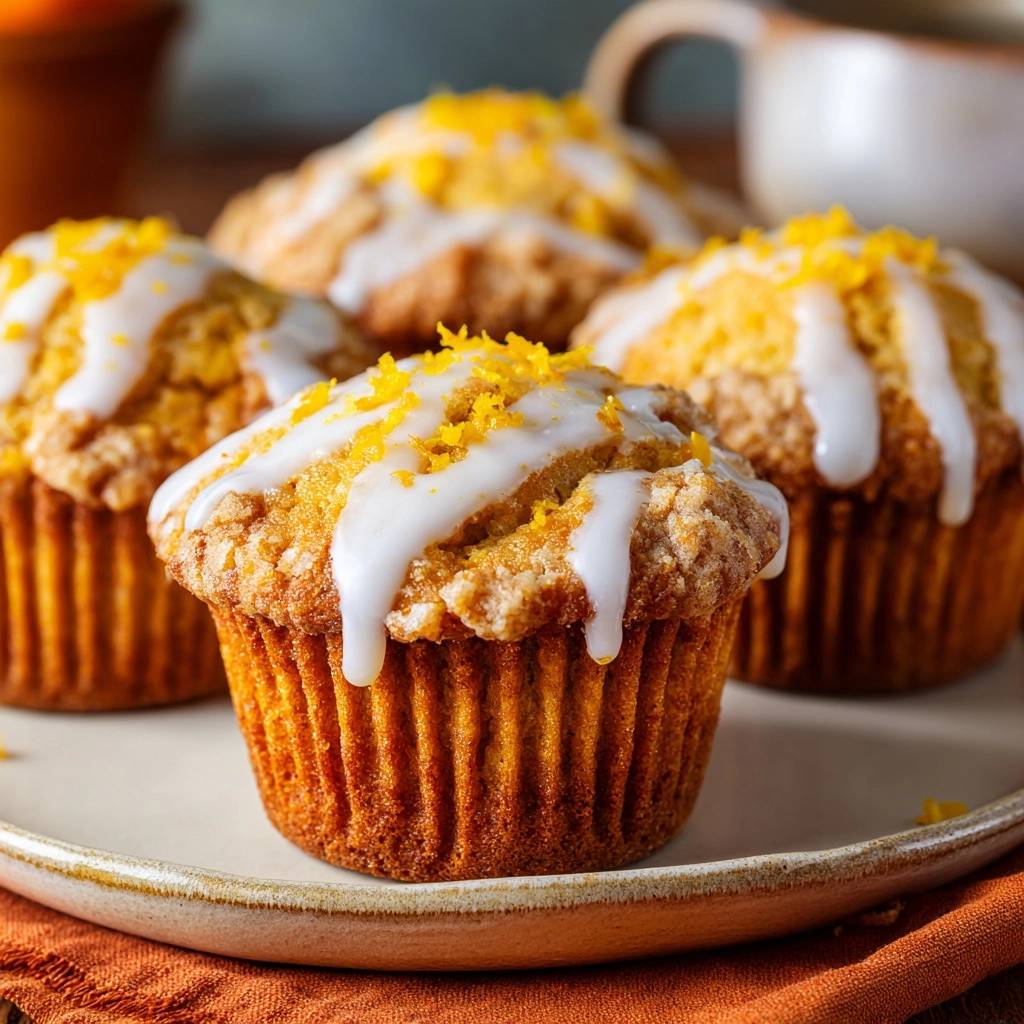 Orangen-Streusel-Muffins mit Zitronenglasur und Orangenzesten garniert, nahaufnahme auf einem Teller